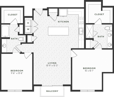 Floor plan for 2 beds, 2 baths, 1311 sqft